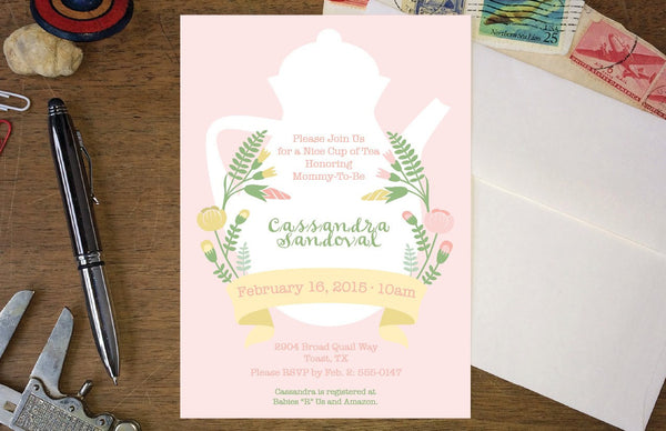 Pastel Pink Wildflowers & Teapot Baby Shower Brunch Invite - Ladybug Notes