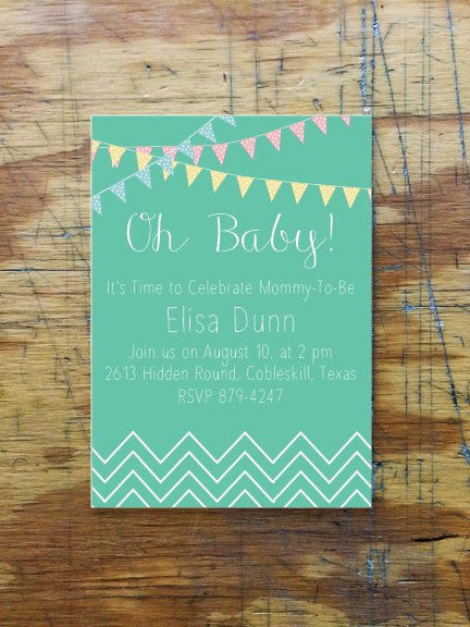 Oh Baby! Chevron, Polka Dots, and Pennants Baby Shower Invite - Ladybug Notes